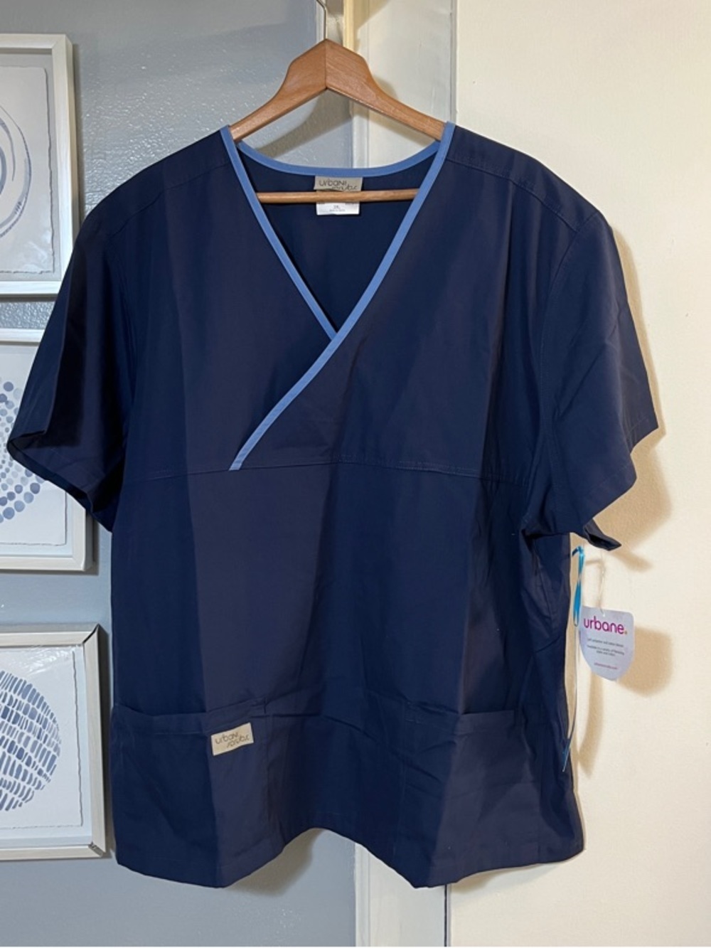 Urbane Navy Blue Scrub Top with Light Blue Trim Various Sizes